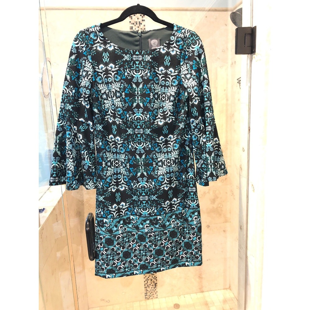 Vince Camuto Bell Sleeve Floral Sheath Dress Black Green Blue Size 2 XS